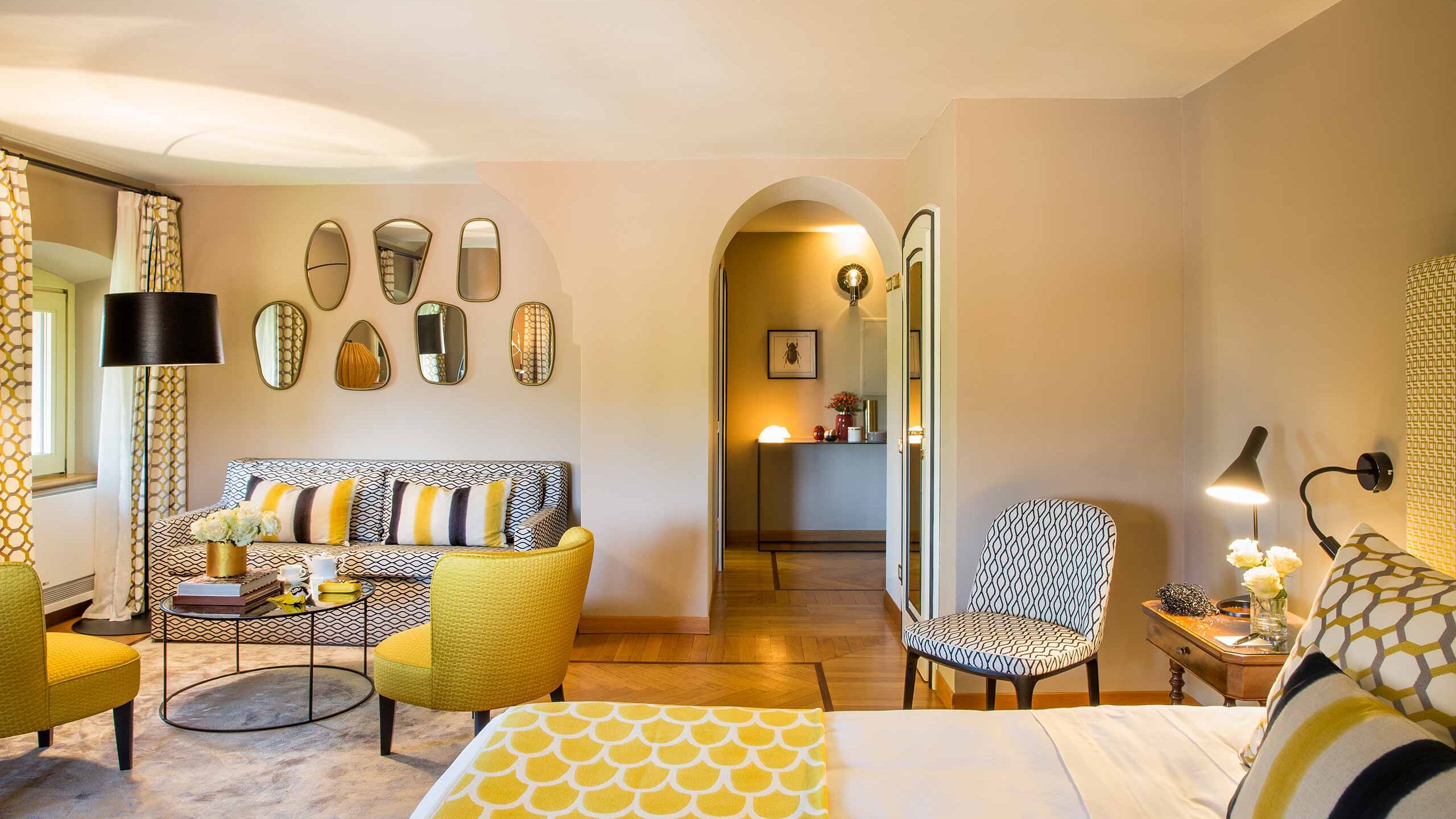 Elegant Deluxe room with refined fabrics in a luxury hotel in Franciacorta Lombardy