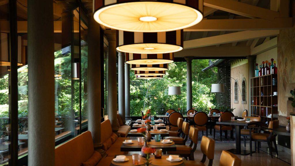 Leone Felice Restaurant in Franciacorta at L'Albereta with view of Iseo Lake